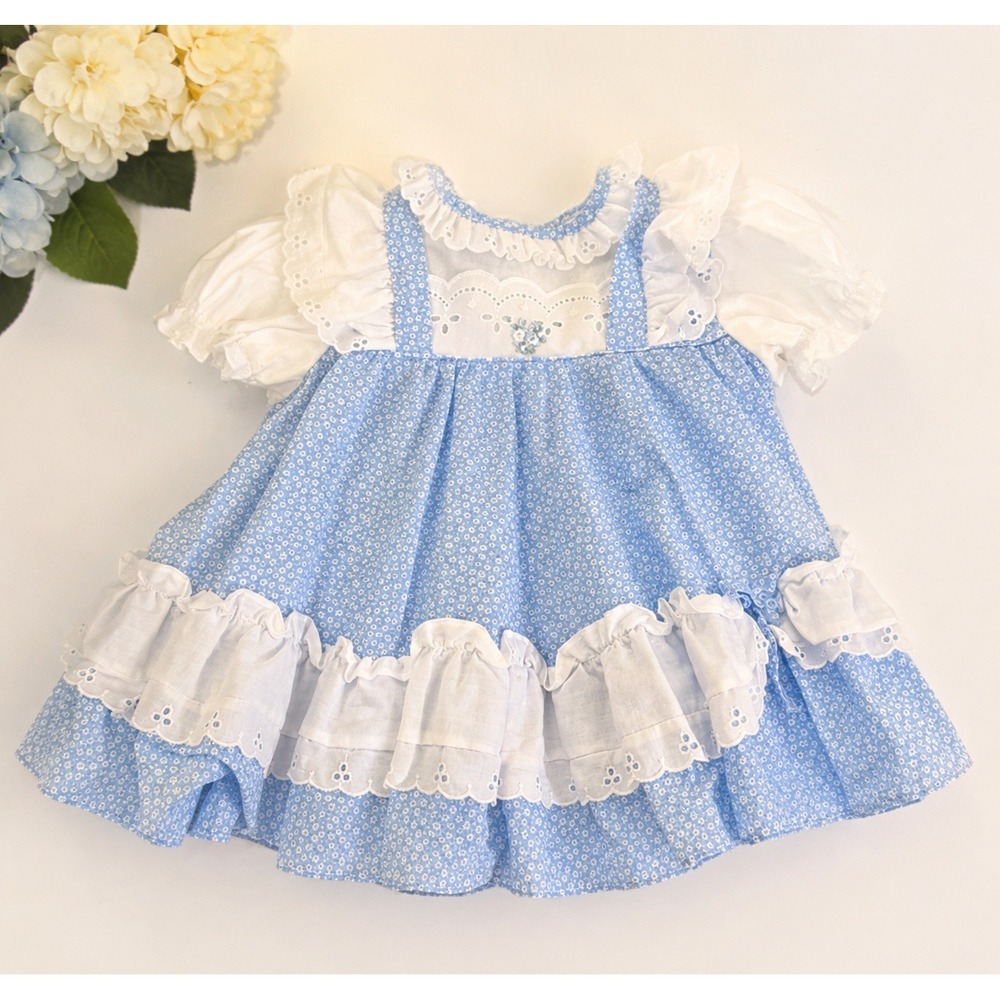 Vintage Roanna Baby Girl Blue Floral Ruffle Eyelet Dress 12 Months